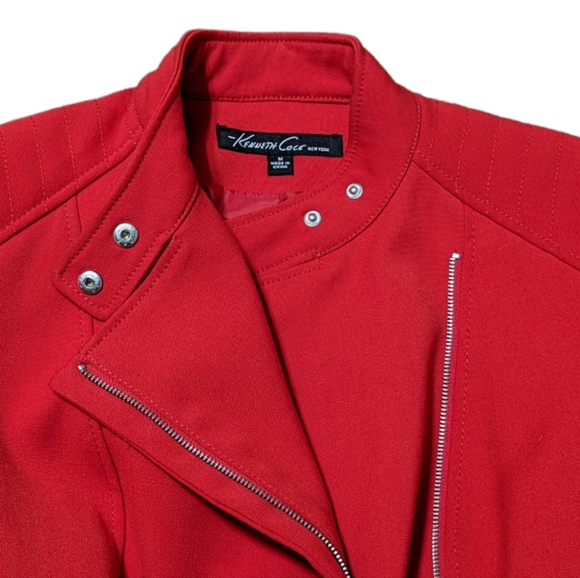 Vintage Kenneth Cole New York Red Jacket Zip Mid Length Asymmetrical Belt Coat M - Picture 3 of 15